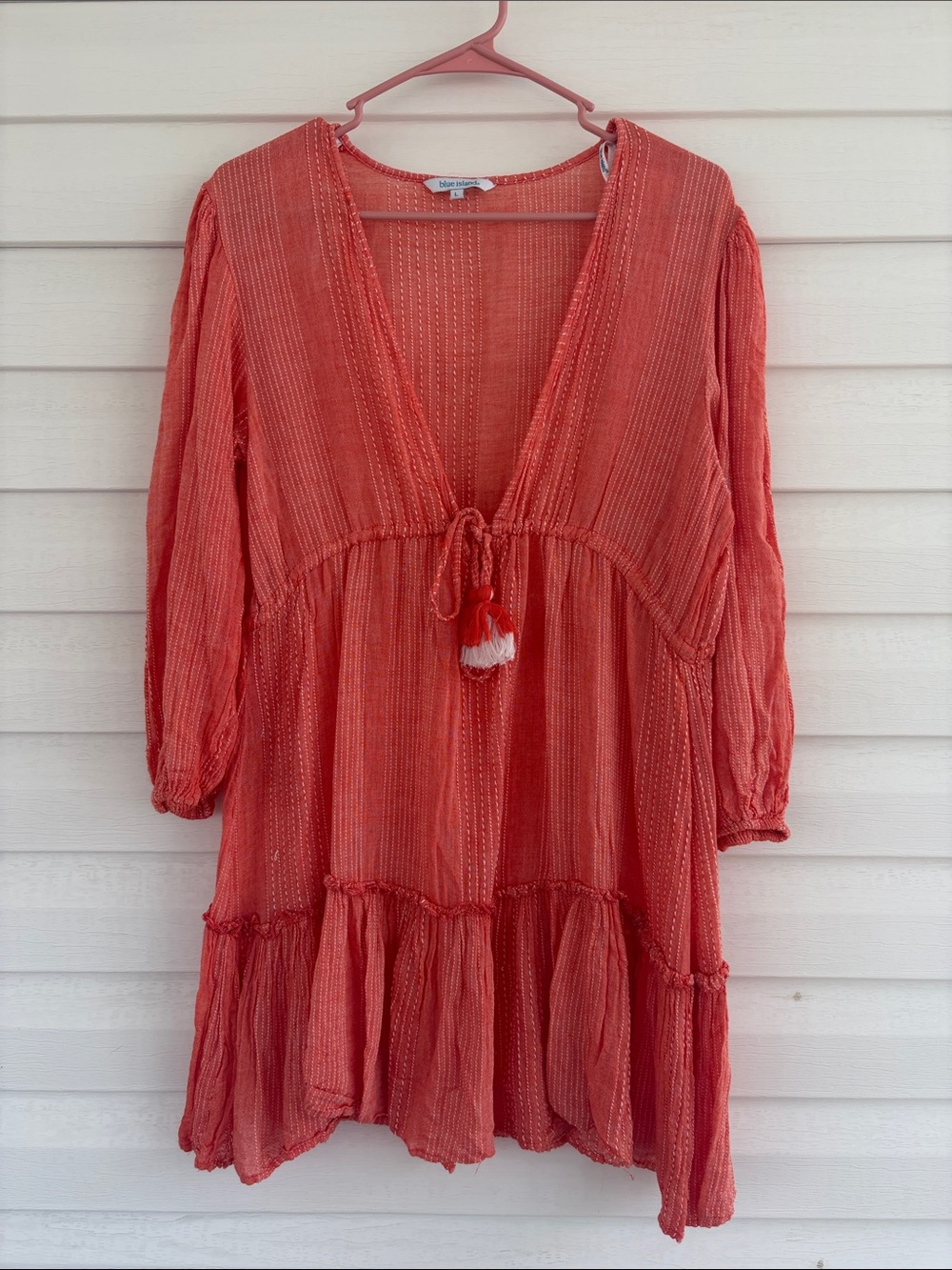 Boho V-Neck Tiered Cover up Dress in Coral Summer Vacation Beach Cruise Coastal